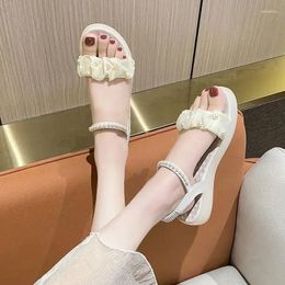 Casual Shoes Open Toe Summer 2024 Women's Platform White Beige No Heel Sandals For Woman Footwear One Word Pearl Outdoor Flat Rubber H