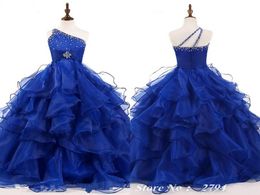 2021 Royal Girls Pageant Dresses One Shoulder Ruffles Puffy Ball Gown Crystal Beading Formal Kids Prom Dresses Flower Girls Dresse8980941