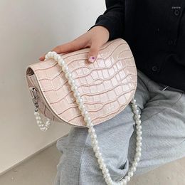 Shoulder Bags Original Brand Pearl Chain Handbags 2024 Fashion Messenger Bag Senior Saddle Crocodile Pattern