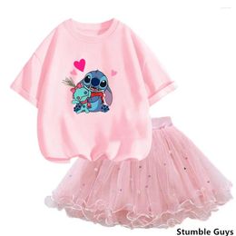 Clothing Sets 2024 Summer Cute Stitch Cartoon Print Suits Short-sleeved T-shirt And Tulle Skirt 2Pcs Baby Girls Party Clothes Outfits