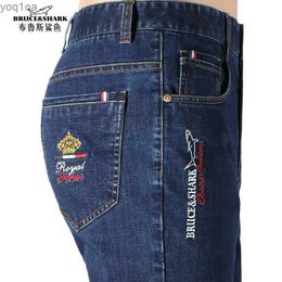 Mens Jeans Bruce Shark mens denim jeans with thickened cotton stretch fashionable and casual straight legs soft and loose hot selling in large sizes all season cloth