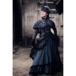 Long Gothic Steampunk Dress Lace Events Sleeves Wedding High Neck A-Line Floor Length Dark Gray And Black Vintage Victorian Women Formal Gowns