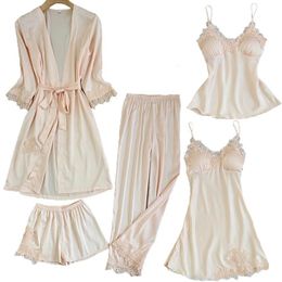 Satin Lace Pajamas Set Women Strap Top Pants Sleepwear Sleep Suit Spring Autumn Pyjamas Home Wear Nightwear Robe Gown M-XXL 240415