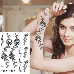 Tattoo Transfer Black Henna Tattoo Sticker Waterproof Temporary Tattoos for Women Body Art Mehndi Stickers for Hand Flower Fake Tattoo 240426