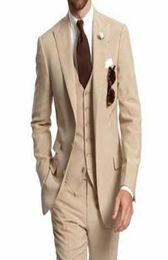 High Quality Beige Men Suits Peaked Lapel Two Button Custom Made Wedding Suits Three Piece Groomsmen Tuxedos JacketPantsVest4680789