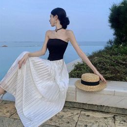 Casual Dresses French Temperament Bra Contrast Color Patchwork Pleated Dress Lady Collarbone Sleeves Celebrity Slim Summer Vacation Banquet