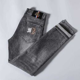 Designer Jeans Mens Live broadcast fashion spring summer new embroidered slim fit little leg jeans men's high-end elastic smoke grey youth style