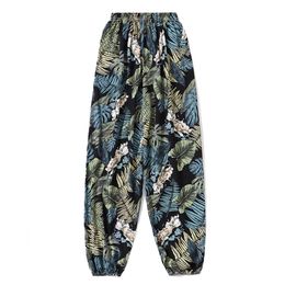 Ladies spring and summer thin casual pants green leaf random print can be worn home air conditioning pants beach sunscreen pants