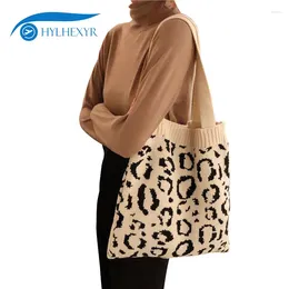 Bag Hylhexyr 2024 Fashion Handle Handbags Women Knitted Shopping Foldable Leopard Printing Weave Shoulder Bags Casual Wool Totes