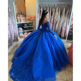 Appliques Dresses Long Royal Quinceanera Princess Lace Blue Sleeves Sweet 16 Dress Beaded V-Neck Off Shoulder Ball Gown Prom Celebrity Party Vestidos 2024