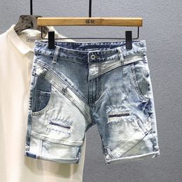 American Retro Ripped Denim Shorts Mens Summer Stitching Hip-hop Personality Fashion Pants Straight Short Motorcycle Jeans 240415