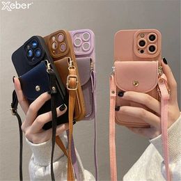 Cell Phone Cases Crossbody drawstring groove leather wallet phone case suitable for iPhone 15 Pro Max 14 13 12 necklace with drawstring silicone cover J240426
