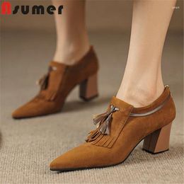 Dress Shoes ASUMER 2024 Size 33-40 Zipper Kid Suede Woman Ladies Thick High Heels Pumps Fringe Spring Mixed Colors