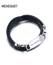 Medic Tag Black Braided Leather Triple Wrap Alert Bracelet DIABETES HYPOGLYCEMIA6743744