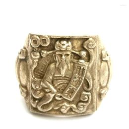 Decorative Figurines Old Collection China Tibet Silver Carving God Of Wealth Statue Ring Wonderful Decoration Gift