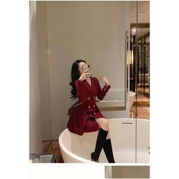 Basic Casual Dresses 2021 Red A Line Blue Women Double Breasted Notched Collar Blazer Dress Solid Chic Office Lady V Neck Spring Fall Dhe1H