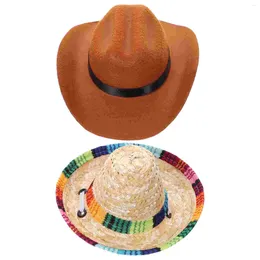 Dog Apparel 2 Pcs Pet Cowboy Hat Cat Straw Dressing Accessory Dreses Summer Hats Cotton Lovely Decor