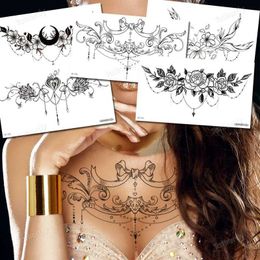 Tattoo Transfer body jewel sticker Big temporary tattoos black henna lace sternum tattoo chest waterdecal flowers rose peonies mandala pattern 240426