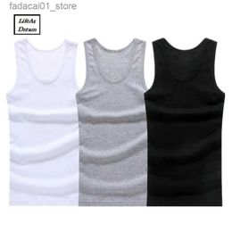 Men's T-Shirts 3 pieces/batch of cotton mens underwear sleeveless vest top solid muscle O-neck clothing T-shirt Q240426