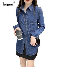 Women's Blouses Ladiguard 2024 Single Breasted Top Retro Blue Denim Blouse Ladies Street Jean Outerwear Long Vintage Shirt Blusas Demin