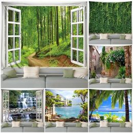 Forest Landscape Tapestry Green Plant Flowers Waterfall Ocean Beach Nature Garden Wall Hanging Home Living Room Decor Tapestries 240415