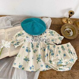 Clothing Sets 2023 Summer Baby Clothing Set Floral Girls Suit Puff Sleeve Tee and Bloomer Baby Clothes Set H240429