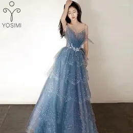 Casual Dresses YOSIMI-Women's Evening Party Long Cake Dress Floor Length Sleeveless Strapless Princess Mesh Ball Gown Blue Summer 2024