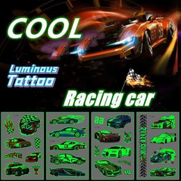 Tattoo Transfer Luminous Tattoo Stickers Waterproof Cool Racing Motorcycle Boy Tattoo Fun Glowing In The Night Party for Kids Face Arm New 240427