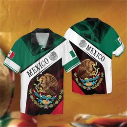 Men's Casual Shirts Mexico Flag 3D Printed Shirts For Men Clothes Casual Mexican National Emblem Graphic Short Sleeve Hawaii Sports Lapel Blouse Top 240424
