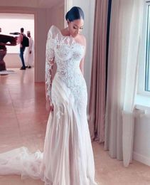 2021 Retro Lace Appliques Mermaid Wedding Dresses Bridal Gowns Sheath One Shoulder Saudi Arabia Illusion Sheer Long Sleeve Tulle S4059482