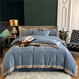 Bedding Sets 2024 Set 60 Long-staple Cotton Stitching Embroidery Plain Four-piece Bed Sheet -selling Light Luxury Blue