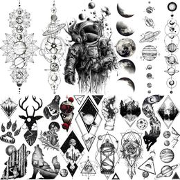 Tattoo Transfer Creative Space Temporary Tattoos For Men Women Astronaut Planets Fake Chains Tatoos Temporary Black Mountain DIY Tatoo Geometric 240426