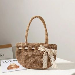 Totes Bow Woven Shoulder Bag 2024 One-shoulder Portable Hand-woven Straw Seaside Holiday Beach Pure Colour Handbag