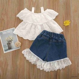 Clothing Sets Summer Toddler Girl Clothes Baby Girls Lace Patchwork Suspender Shirt and Denim Shorts Set Kid Top Bottom 2 Pieces Outfits