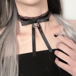 Necklaces Fashion Choker Necklace For Women Sexy Black White Lace Bow Bell Pendant Short Clavicle Chain Necklace Aesthetic Jewelry