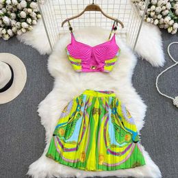 Work Dresses Seaside Holiday Fashion Suit Women's Camisole With Chest Pad Outer Wear High Waist A- Line Printed Pleated Skirt