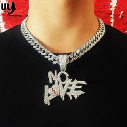 Strands ULJ Hip Hop Cuban Miami Chain No Love Pendant Necklace Mens and Womens Heartbreak Statement Ice Out Jewelry 240424