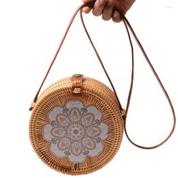 Drawstring Printing Round Rattan Crossbody Bag Straw Boho For Women Purse Handmade Clutch Shoulder Rain