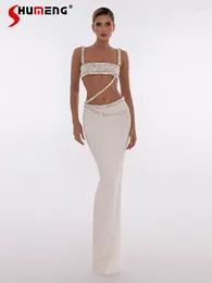 Work Dresses Fashion 2024 Summer Girl Solid Colour Slim-fit Dress Sets Diamond-Embedded White Hip Skirt Slimming Two-Piece Suit