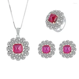 Cluster Rings Fashion Trend S925 Silver Inlaid 5A Zircon Ruby Sugar Tower Full Of Diamond Pendant Ring Earrings Set