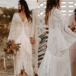 Dress High Beach Lace Low A Wedding Tassel Line Bat Sleeves Slit Front Long Bohemian Bridal Gowns Deep V-Neck Plus Size Boho Bride Dresses es