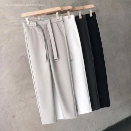 Pants (Free belt ) New Thin Suit Pants for Men Comfortable Business Office Slim Feet Pants Korean Fashion Straightleg White Trousers