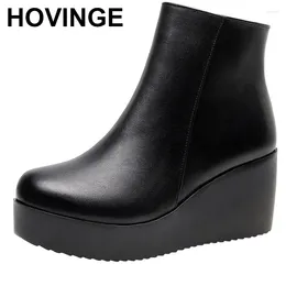 Boots Big Size 43 Female Platform Wedges Black Autumn Winter Ankle For Women High Heels Ladies Leather Shoes Zipper