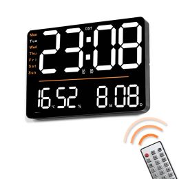 Clocks Living Room Wall Hanging Large Screen Rectangle Wall Clock Temperature Humidity Date Time Week Display Alarm Clock for Bedroom