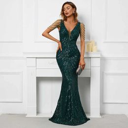 Runway Dresses YIDINGZS Women Dp V Neck Grn Sequin Evening Dress Beading Long Prom Dress Sexy Party Maxi Dress 18691 Y240426