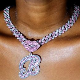 Strands New Fashion Pink Cuban Chain Micro Water Diamond Shop Mouth Curve Letter Pendant Necklace 14MM Prong Cuban Necklace Jewellery Gift 240424