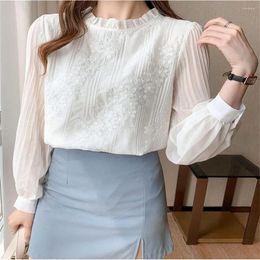 Women's Blouses 2024 Spring Korean Fashion Shirts Long Sleeve Blouse Women White Lace Chiffon Shirt Tops Autumn Basic