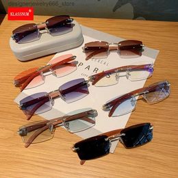 Sunglasses Rectangular frameless sunglasses wooden frame glasses luxury brand design womens small square sunglasses mens travel 2024 Q240426