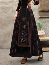 Skirts On Sale Winter Skirt Vintage Cotton Linen Black Long Embroidery Jacquard Weave Women Elastic Waist