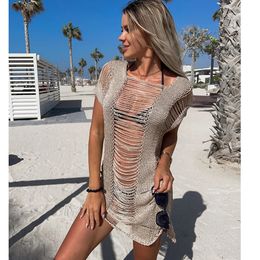 2024 Crochet Cover Up Beach Sexy See Through Hollow Out Dress Women Summer Clothes Knitted Beachwear Bikini Cover-ups 240412